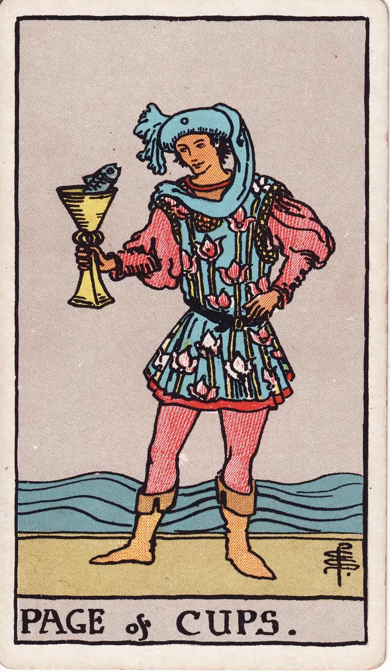 Classic drawing of “Page of Cups”