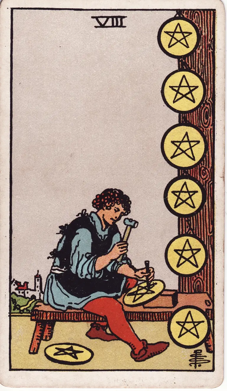 Classic drawing of “Eight of Pentacles”