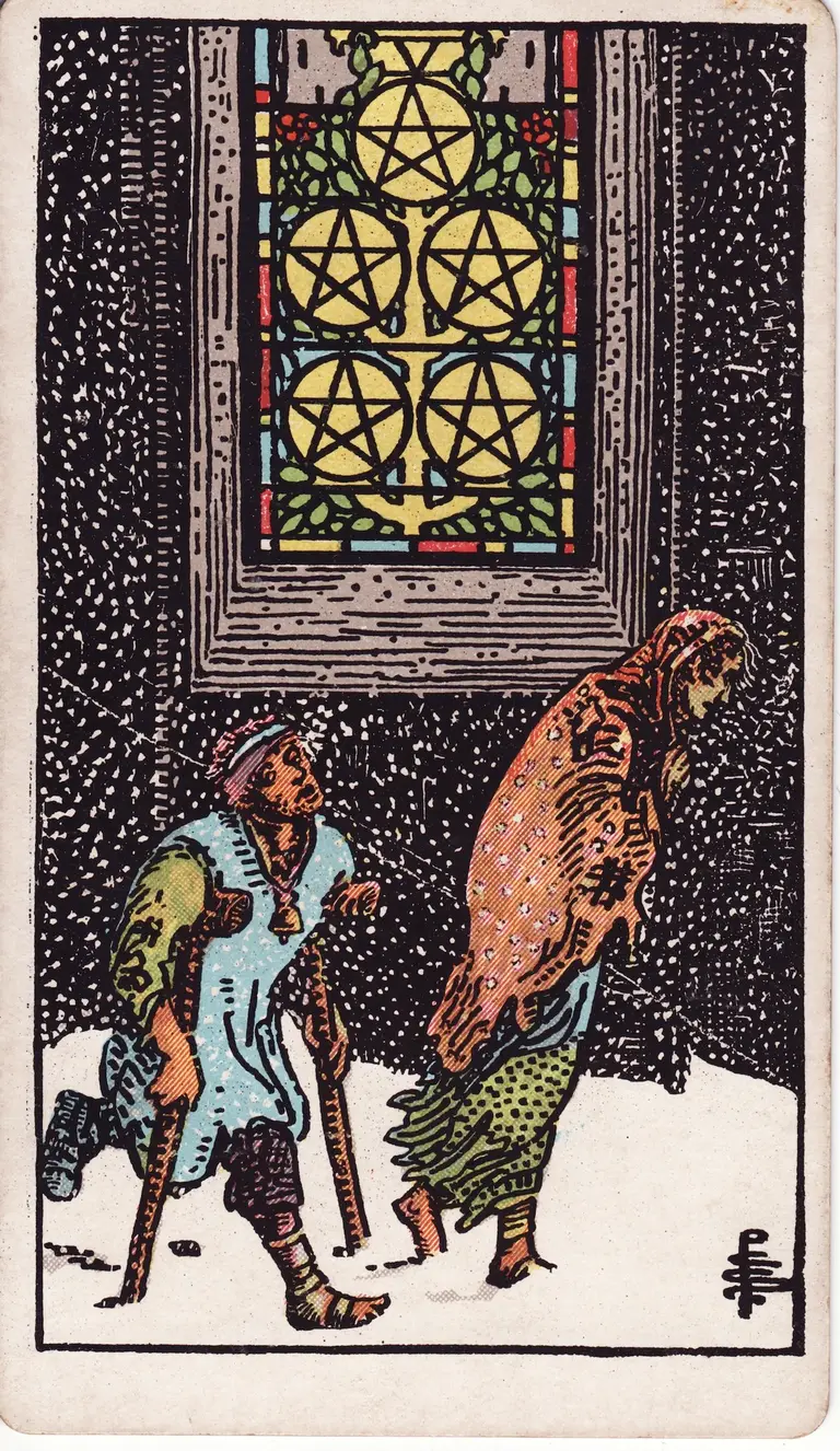 Classic drawing of “Five of Pentacles”