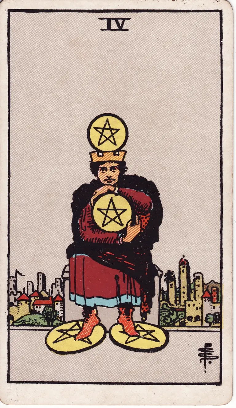 Classic drawing of “Four of Pentacles”