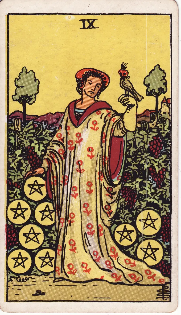 Classic drawing of “Nine of Pentacles”