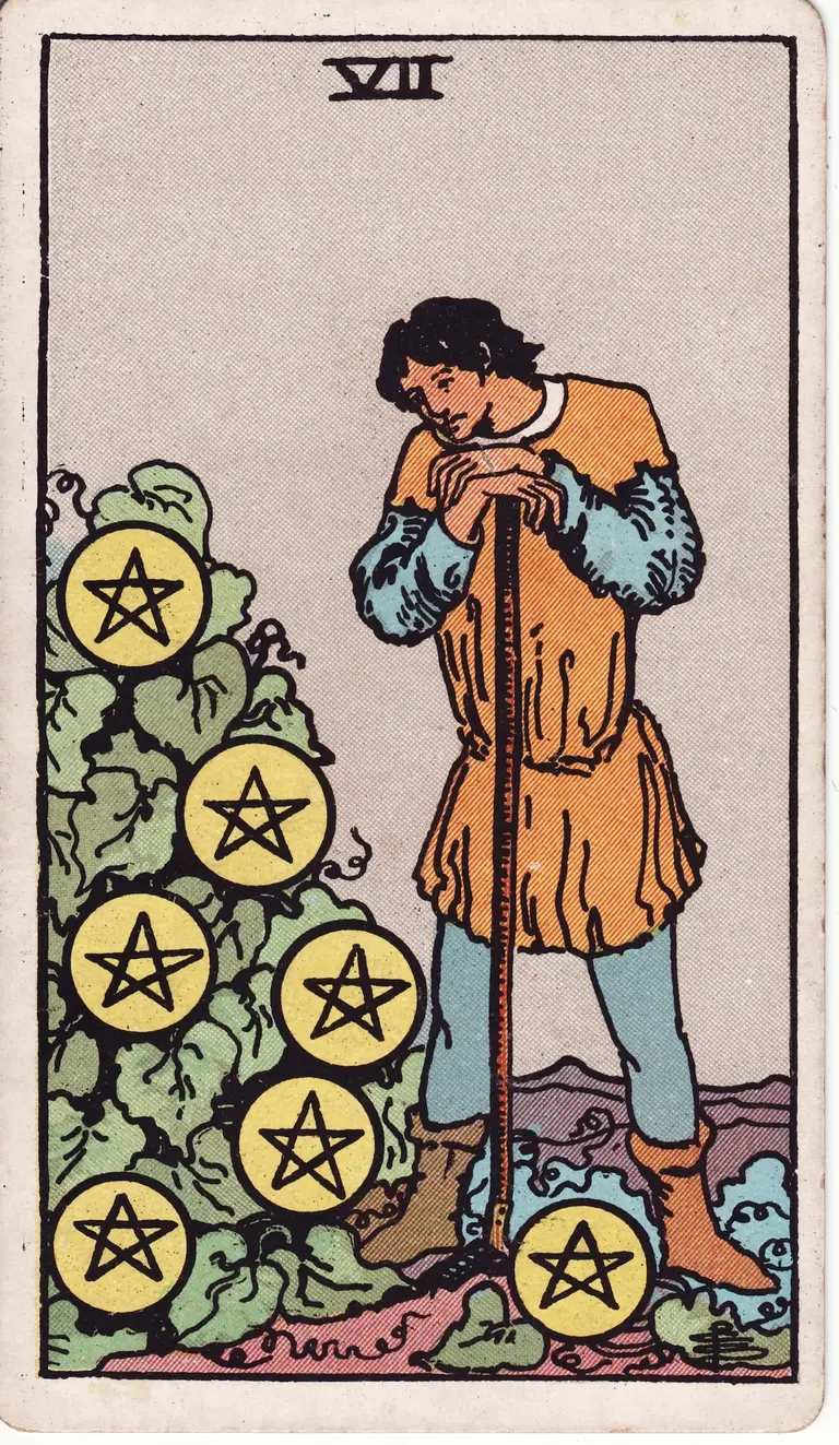 Classic drawing of “Seven of Pentacles”