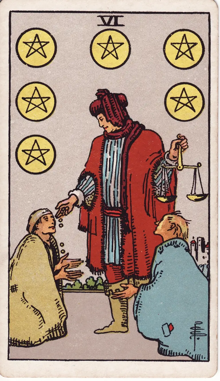 Classic drawing of “Six of Pentacles”