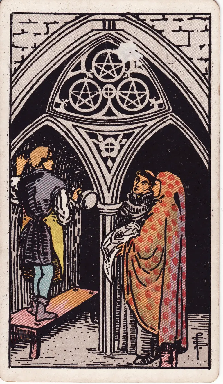 Classic drawing of “Three of Pentacles”
