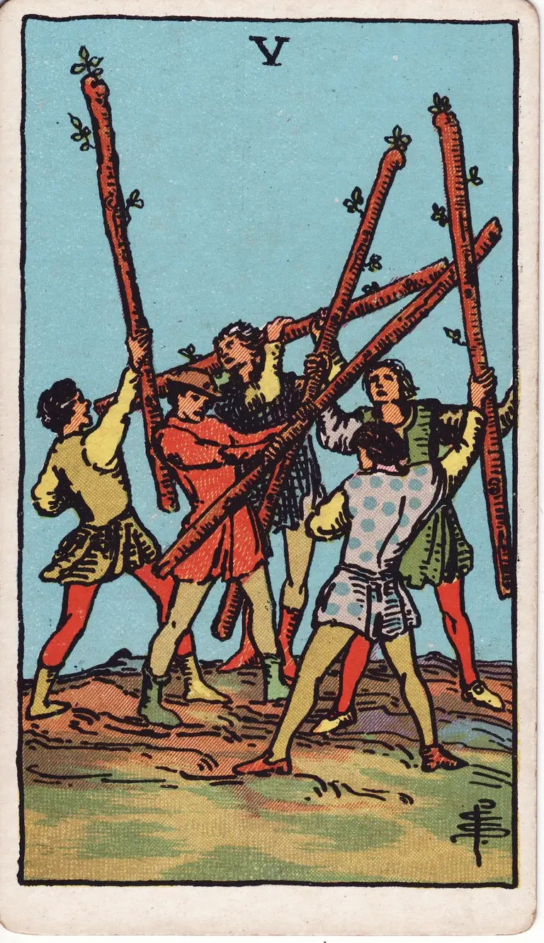 Classic drawing of “Five of Wands”